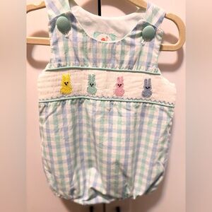 The Smcoked Flocked flamingo Easter Blue and White Gingham Baby Romper